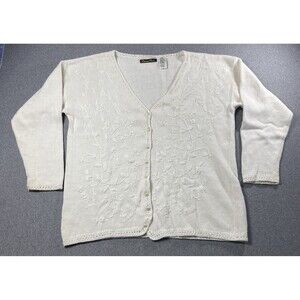 Vtg Dana Scott Floral Embroidered Beaded Knit Cardigan Womens Large Off-white